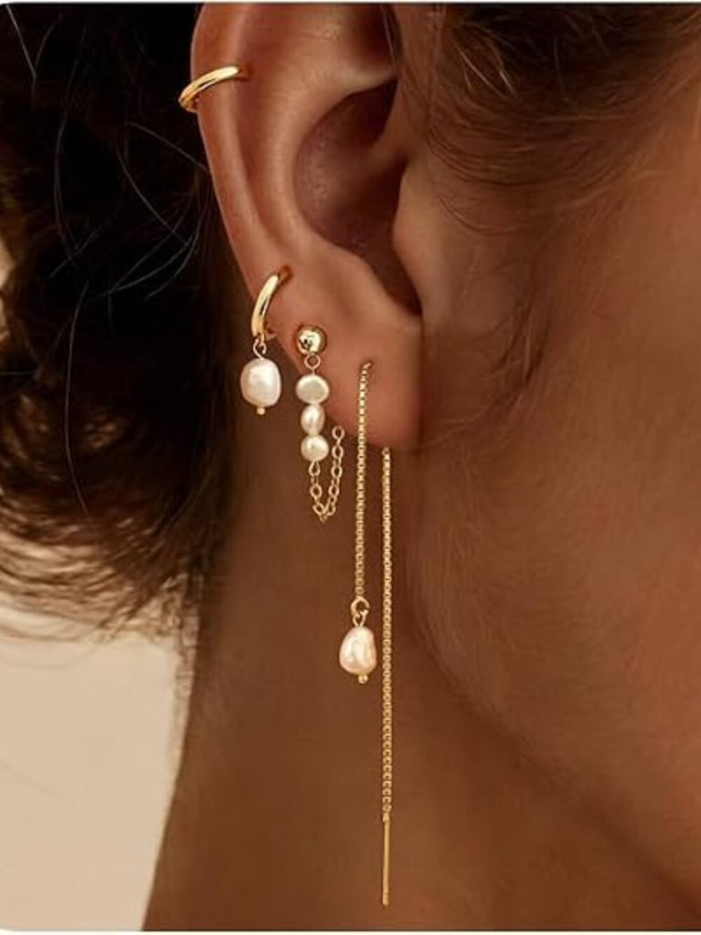 Moodear Gold Earrings for Women, 14K Plated Pearl Huggie Hoop Drop Jewelry